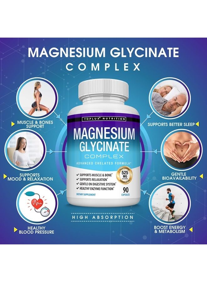 Toplux مركب جليسينات المغنيسيوم 525 مجم، امتصاص عالي، 100% من القيمة اليومية، مركب مركب للتعافي، أقصى قدر من التوافر البيولوجي، نباتي للرجال والنساء، 90 كبسولة، توبلوكس - Image 3